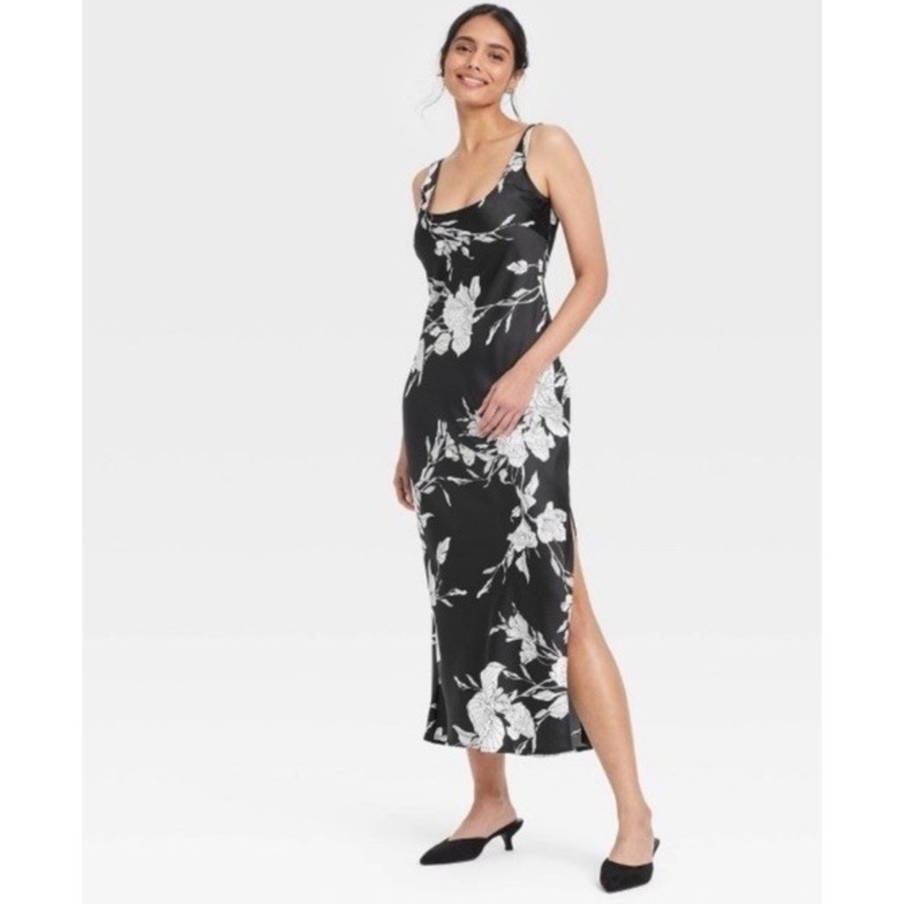 A New Day Black and White Satin Midi Dress, Size XS